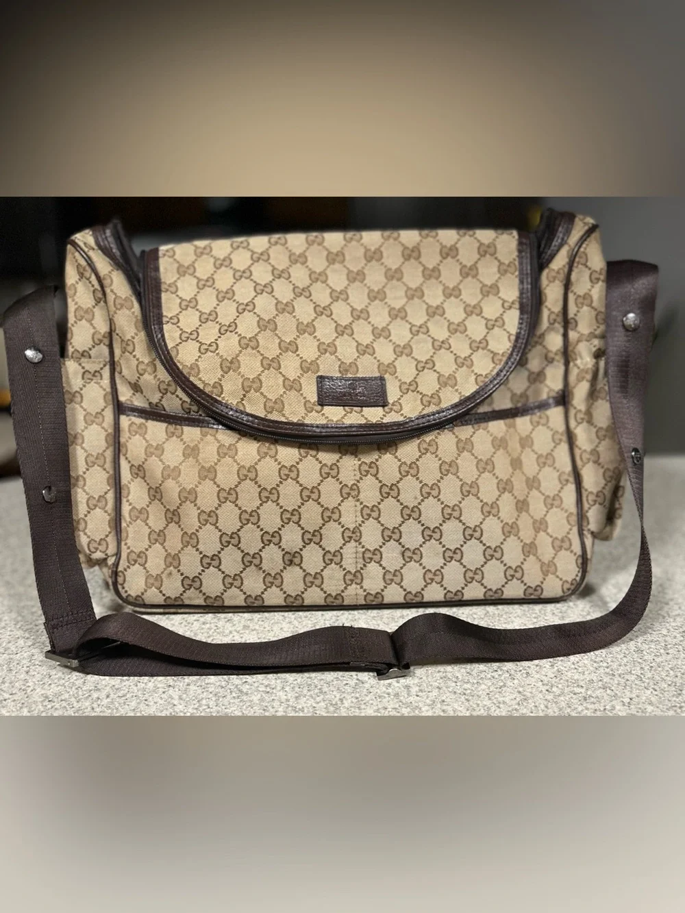 GUCCI Brown and Beige GG Monogram Diaper Bag